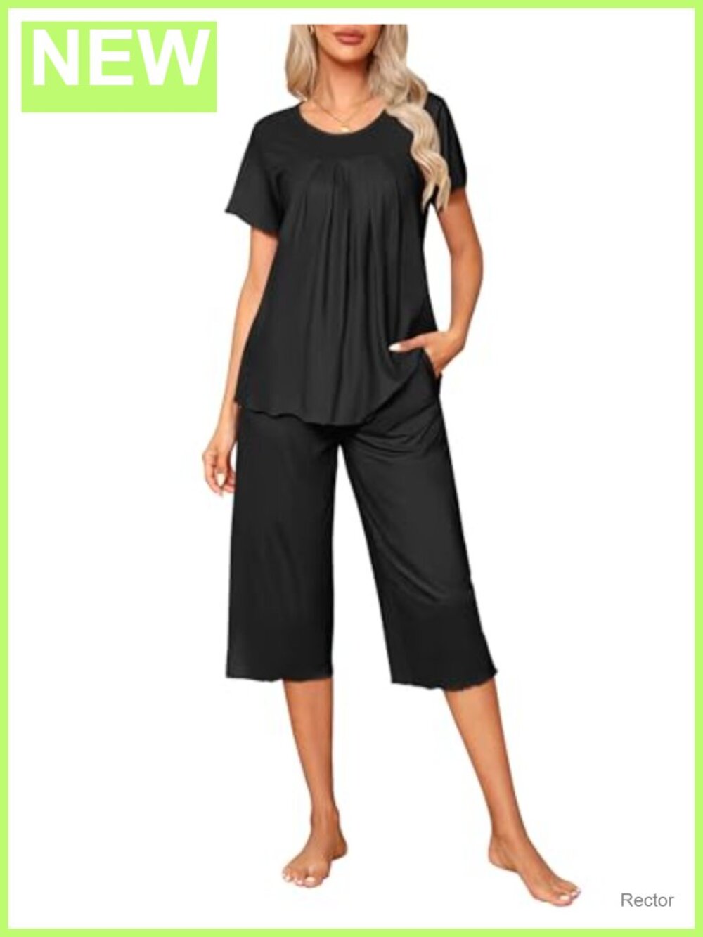 2 Piece Short Sleeve Pajama Set with Pockets, Capri Lounge Sleepwear